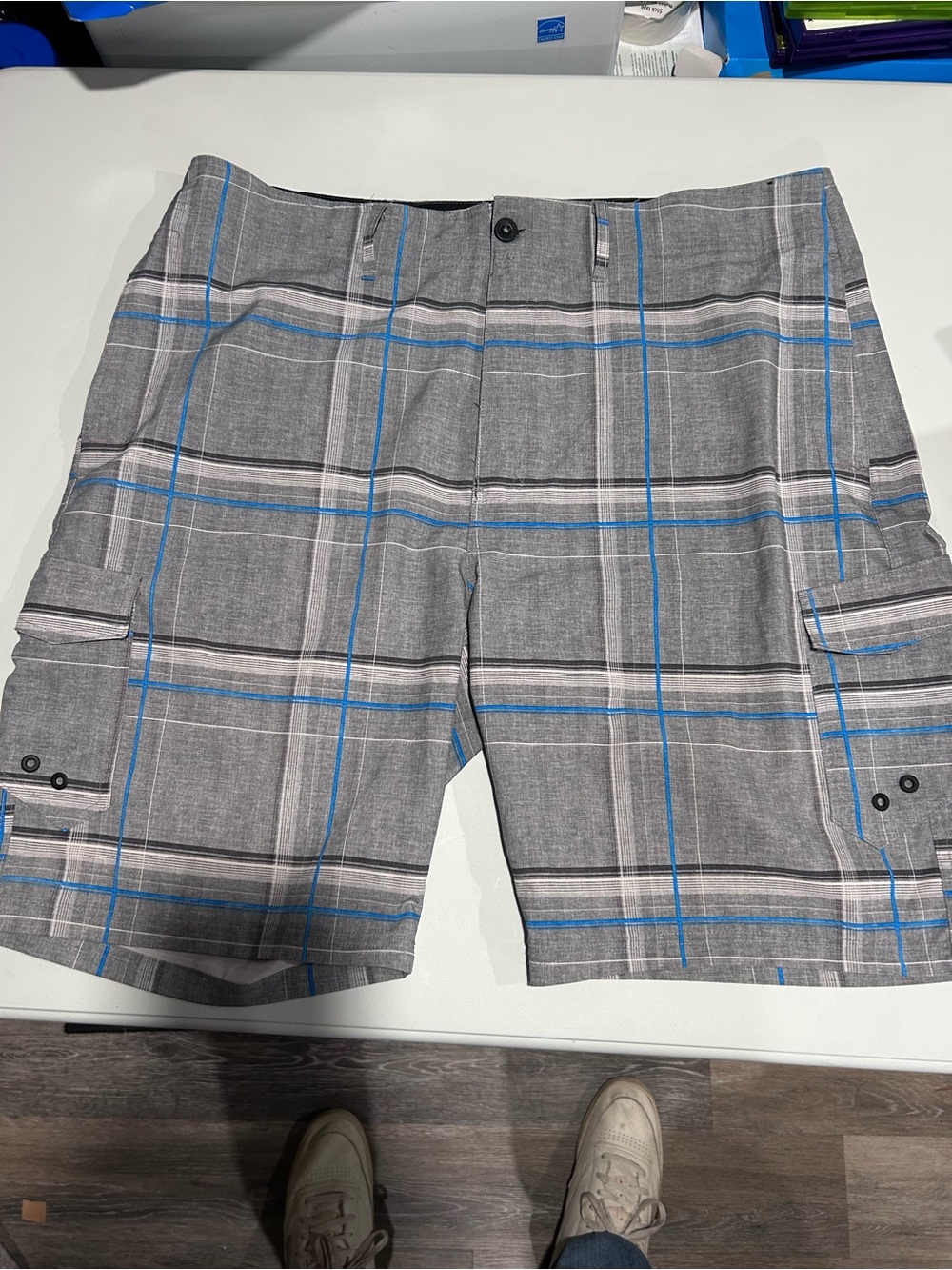 Ocean Current Gray Plaid Cargo Shorts with Blue Accents